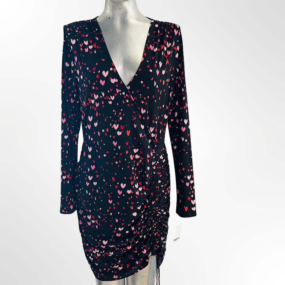 Bar III Black Pink Hearts Long Sleeve Ruched Wrap Mini Dress Size XL
